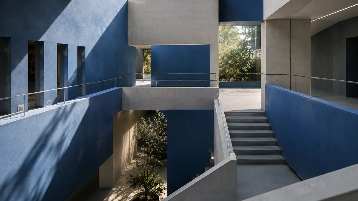 Arquitectura contemporánea formada por distintos niveles y recorridos conectados en tonos azules.