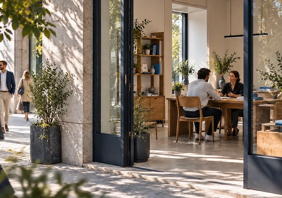 Espacio comercial contemporáneo visto desde el exterior, con personas conversando en el interior.