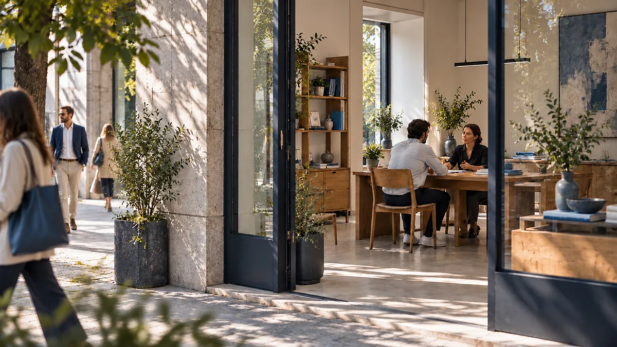 Espacio comercial contemporáneo visto desde el exterior, con personas conversando en el interior.