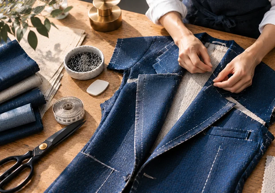 Manos trabajando en la confección de una chaqueta azul sobre una mesa de sastrería