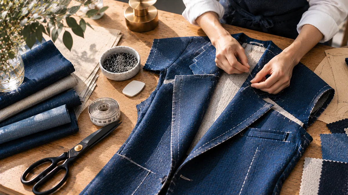 Manos trabajando en la confección de una chaqueta azul sobre una mesa de sastrería